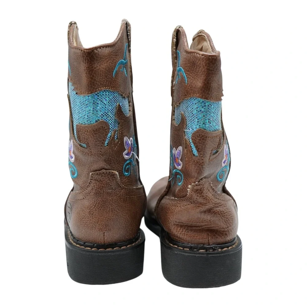 Roper Cowboy Boots Girls Size 2 Brown Turquoise Glitter Light Up Western Logo